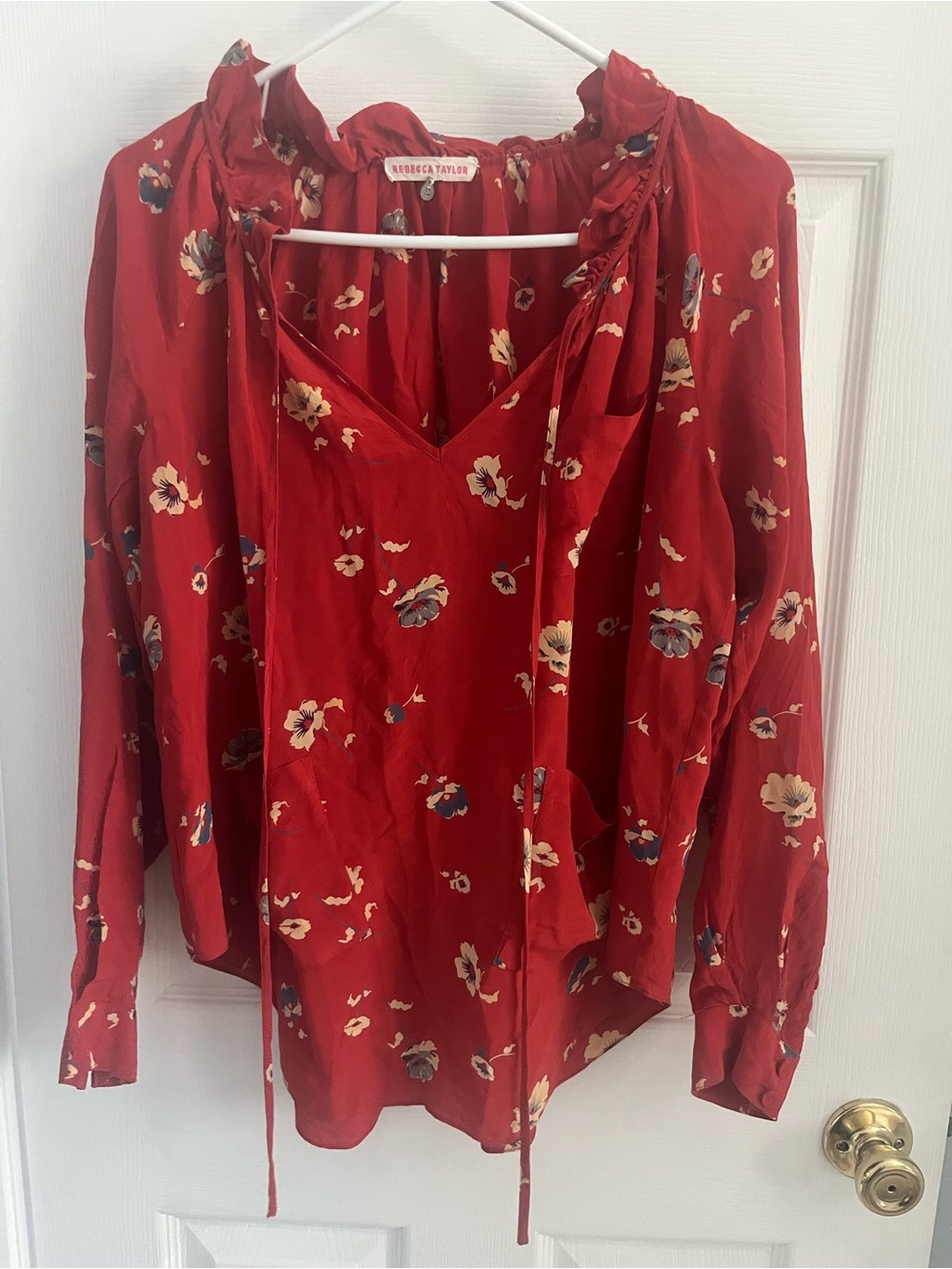 Rebecca Taylor 100% Silk Red Floral Tie-Neck Blouse with Pocket details